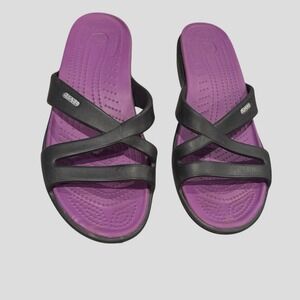 Crocs Patricia Womens size 10 W Black Lavendar Strappy Slide Sandals Logo‎